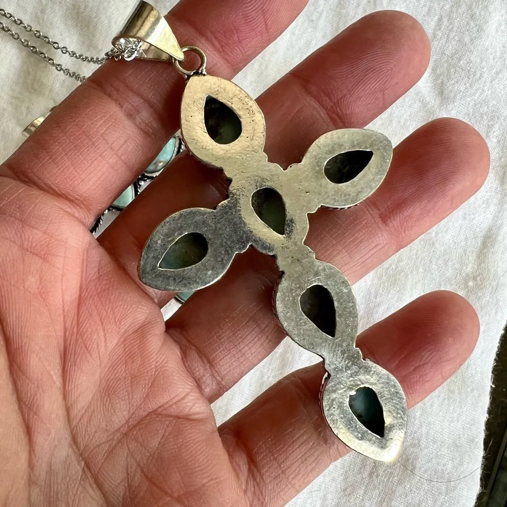 925 Calming Caribbean Larimar Cross Necklace Pendant (you choose size!) - Picture 4 of 9